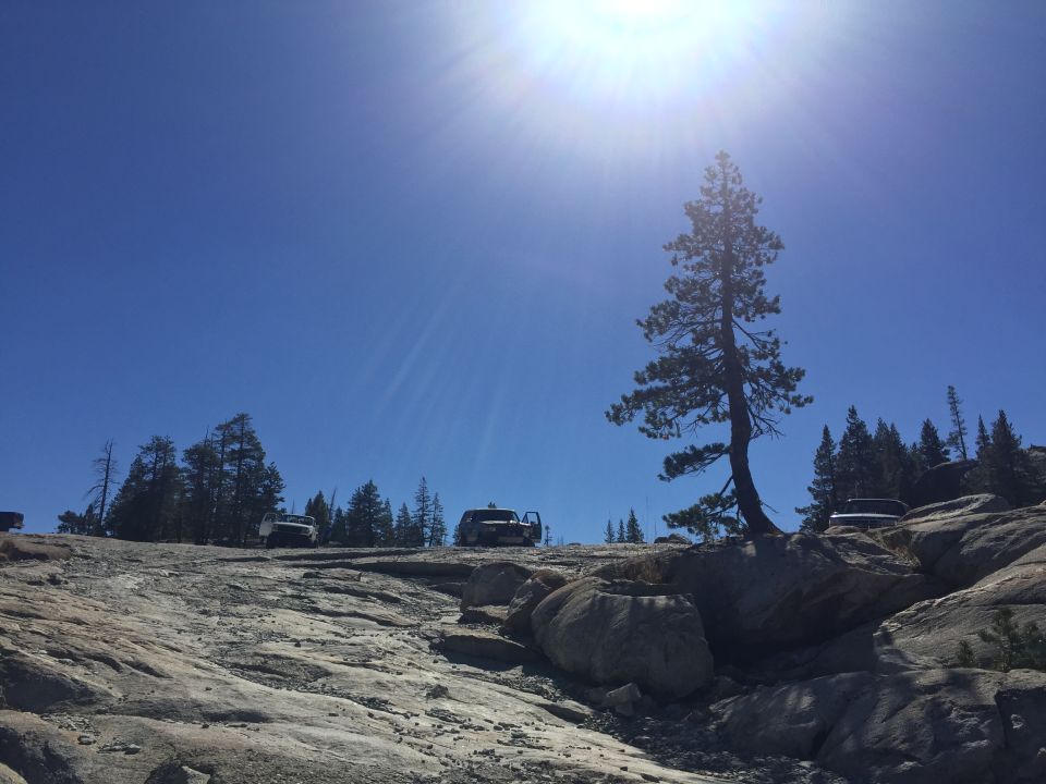 Several SUVs parked on a rocky, uneven surface under a bright sun
