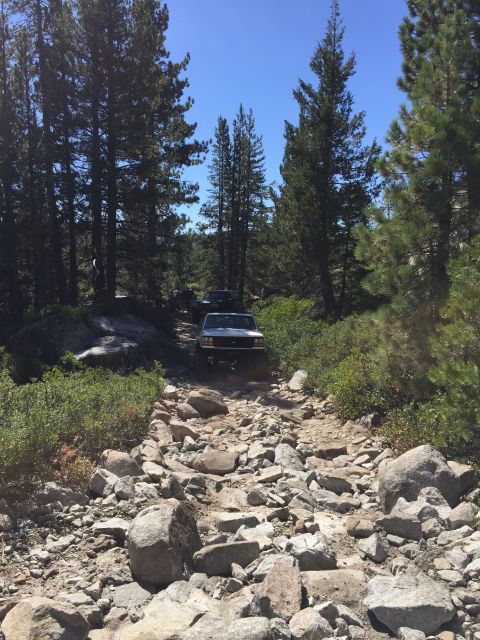 1989 Ford Bronco - A silver 1987 Ford Bronco navigates a challenging, boulder-strewn path through a wooded area.