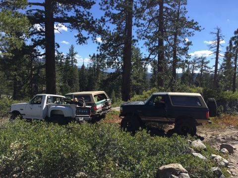 1989 Ford Bronco - A dark green 1989 Ford Bronco with a tan top is parked on a rocky trail, with two other vehicles visible in the background.