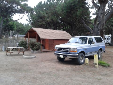 1996 Ford Bronco - A light blue and silver 1996 Ford Bronco is parked in a campsite next to a small wooden cabin. A picnic table and fire pit are visible in t…