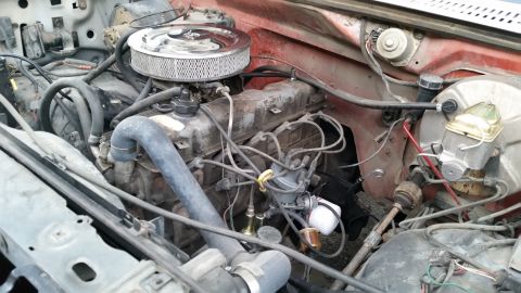 1981 Ford Bronco - A close-up view of the engine bay of a vintage Ford Bronco, showing the engine, air filter, distributor, and various hoses and wires.