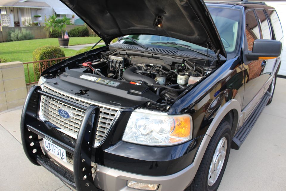 Black 2003 Ford Expedition with hood open, showing engine and bull bar on front grille.
