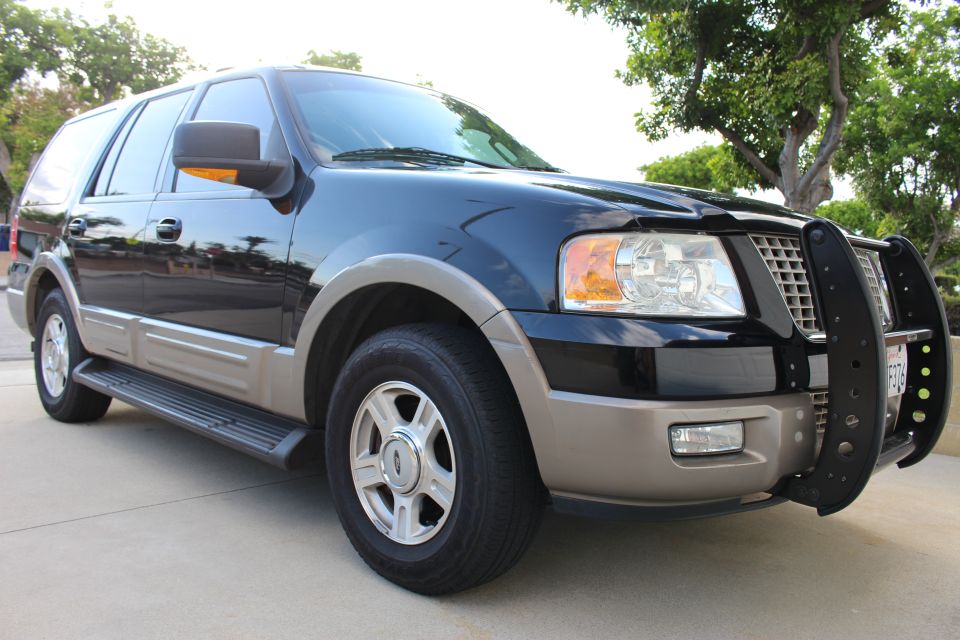 Black and tan 2003 Ford Expedition SUV with a black bull bar, parked on a concrete driveway