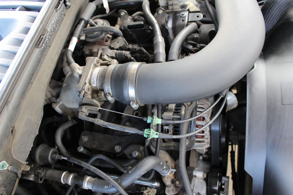 Engine bay with large intake tube and alternator visible