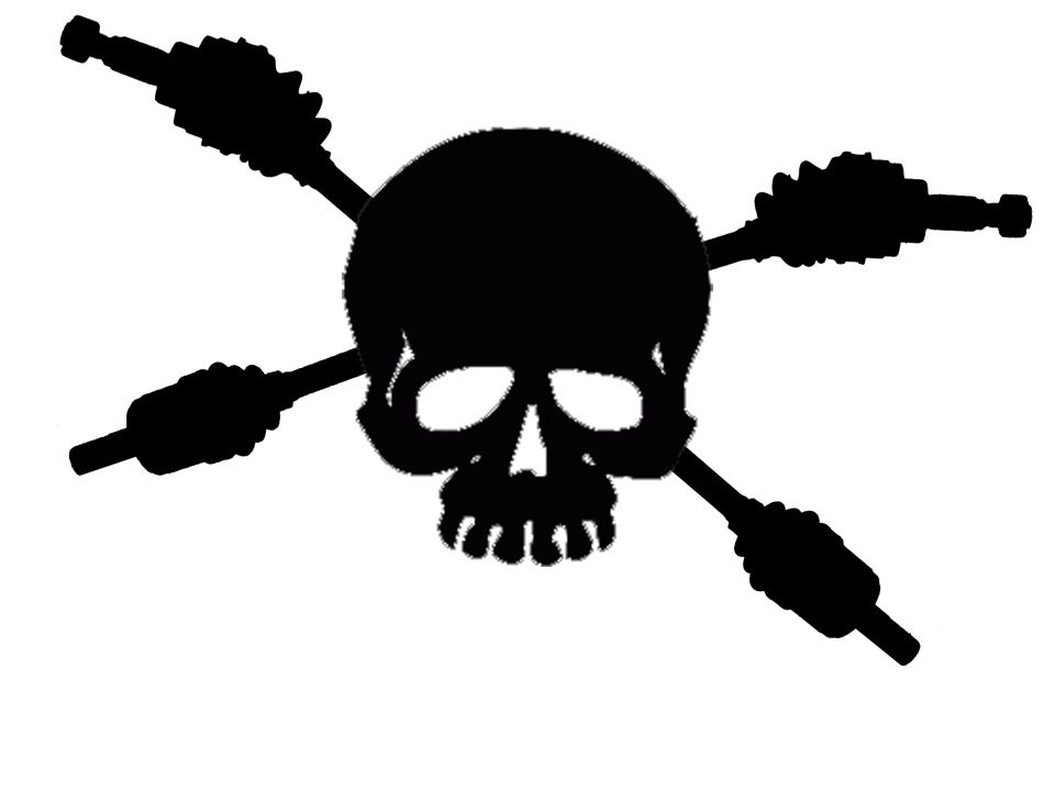 Black silhouette of a skull with four drive shafts crossed behind it. Supermotors.net logo in the bottom right