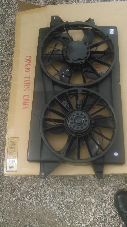 Dual electric fans from a 04-07 Ford Freestar. its Dorman 620-144 and cost about ~120$ depending on supplier.