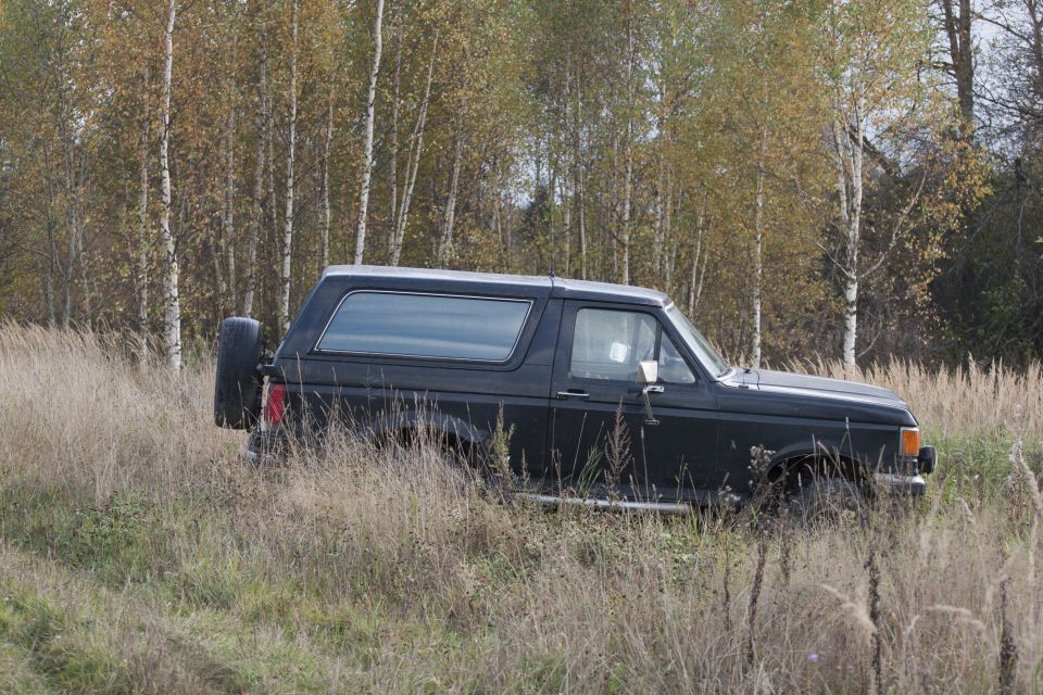 Black Ford Bronco parked in tall grass with trees in background