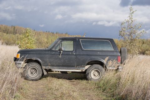 1987 Ford Bronco - This 1987 Ford Bronco is seen from the side, parked in a field with tall grass and trees under a cloudy sky.