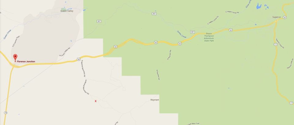 Map showing Florence Junction and Wayne Thompson Arrington State Park with Supermotors.net logo