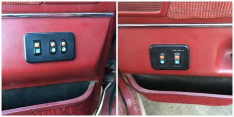 1989 Ford Bronco - Interior door panel detail power window and lock controls with labels for the driver's side.