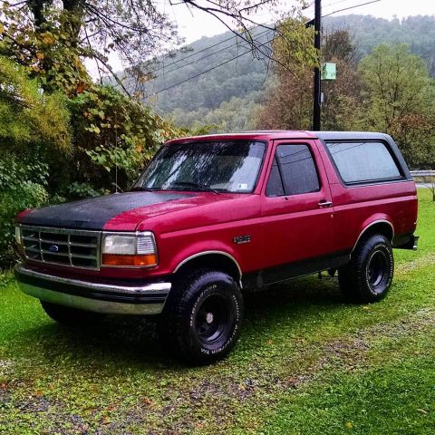 1994 Ford Bronco - This red 1994 Ford Bronco features a contrasting black hood and removable top, parked on a grassy area.