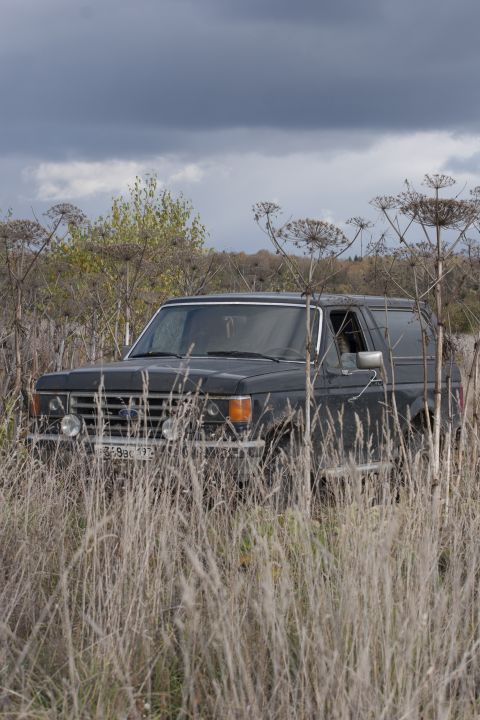 1987 Ford Bronco - A dark SUV sits in a field of dry grass under a cloudy sky.