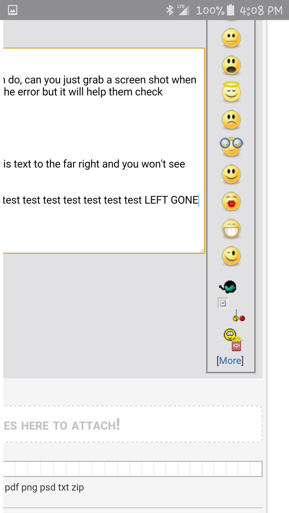 Screenshot of a mobile app showing a text conversation with emojis and file attachment options