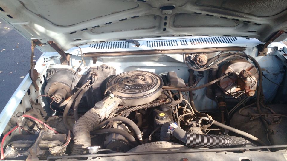 Open hood showing dusty V8 engine bay of a light-colored Ford Bronco with round air cleaner and worn components
