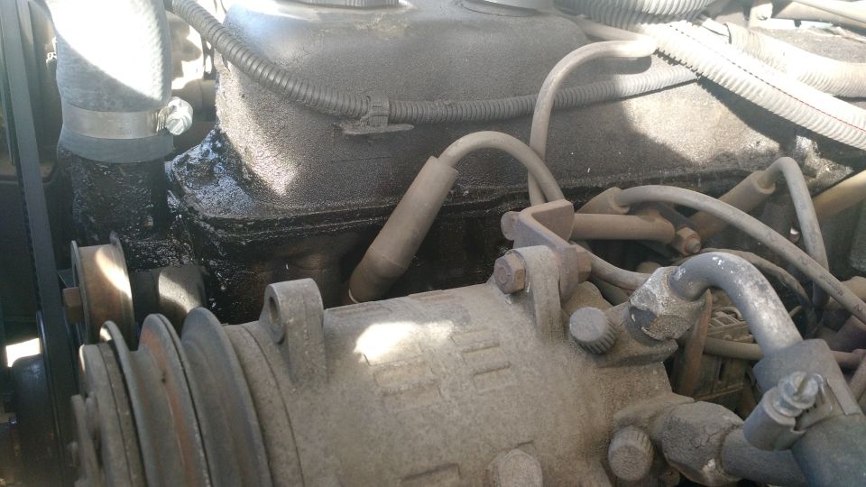 Engine bay showing a dirty engine block with an oil leak near the hose and a pulley system