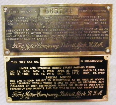 1915 Ford Model T - Two Ford Motor Company identification plates display patent dates and serial numbers, indicating vehicle construction details.