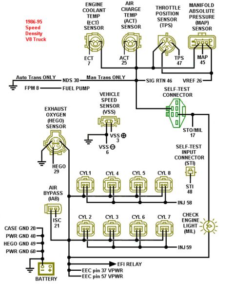 1990 Ford Bronco - Wiring diagram for a 1986-95 speed-density V8 truck mapping engine sensors, injectors, and EEC pins with circuit numbers.