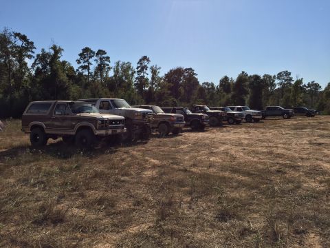 1996 Ford Bronco - A line of lifted trucks and SUVs are parked in a dry, grassy field with trees in the background under a clear blue sky.
