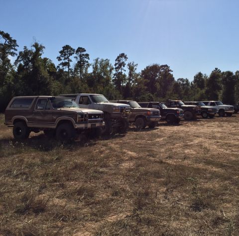 1996 Ford Bronco - A line of modified pickup trucks and SUVs are parked in a dirt lot with trees in the background. The vehicle in the foreground is a brown t…