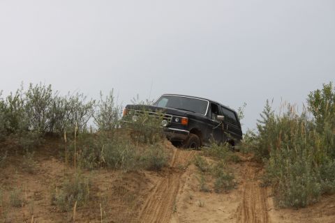 1987 Ford Bronco - A black 1987 Ford Bronco navigates a sandy incline, surrounded by sparse vegetation under an overcast sky.