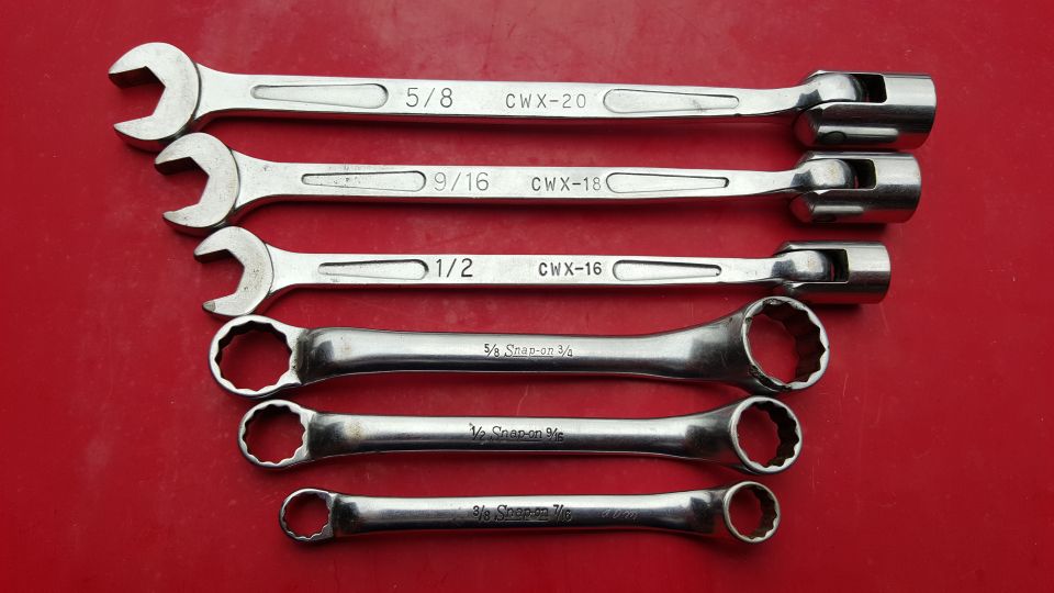 Set of five wrenches, including 5/8, 9/16, and 1/2 inch sizes