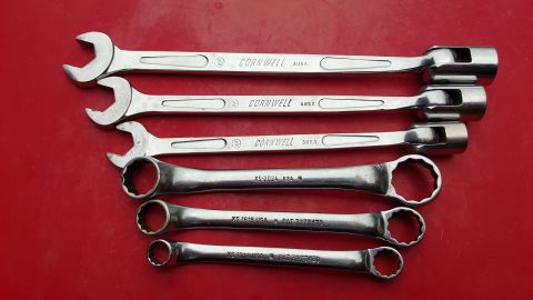 1965 Ford Mustang - A collection of five wrenches, including three Cornwell brand tools and two marked XS.