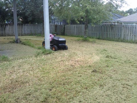 2006 Honda RANCHER - A riding lawn mower sits in a recently mowed yard, with a wooden fence in the background.