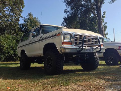 1979 Ford Bronco - This lifted Ford Bronco has a custom brush guard and is parked outdoors on a sunny day.