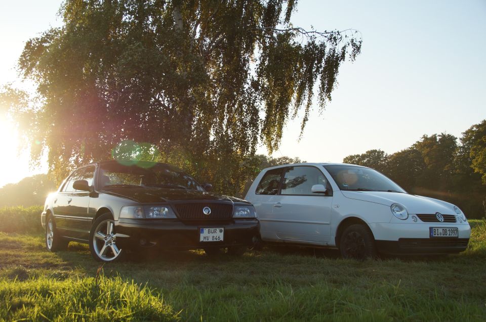 Black Mercury Grand Marquis parked next to a white VW Lupo in a grassy field