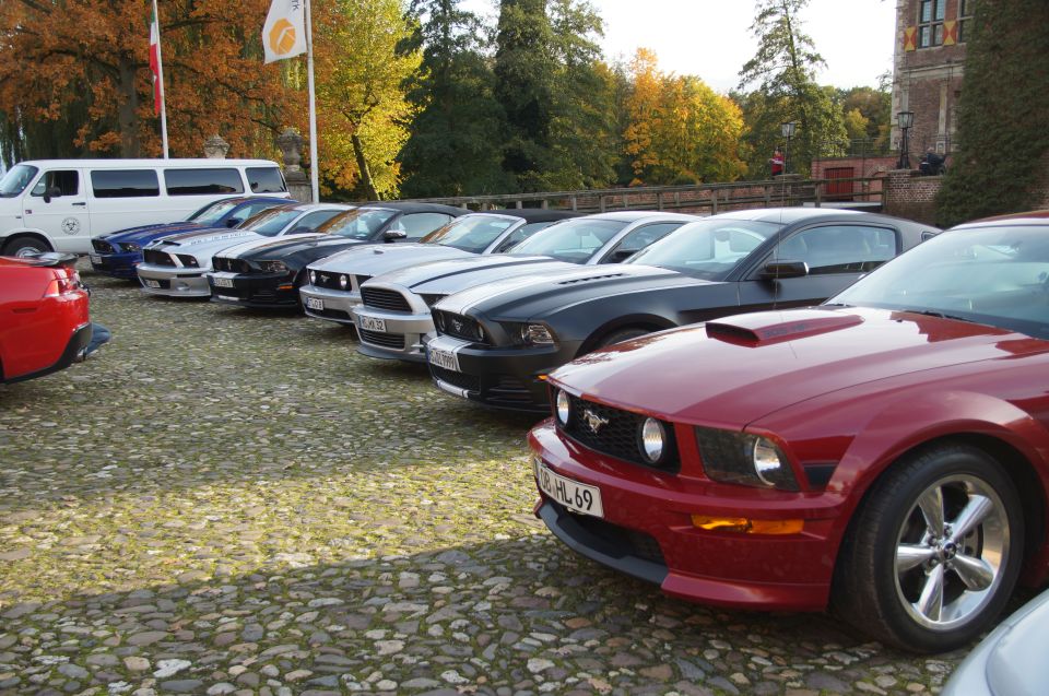 Red Ford Mustang with hood scoop and license plate HL 69, parked in a line with other Mustangs