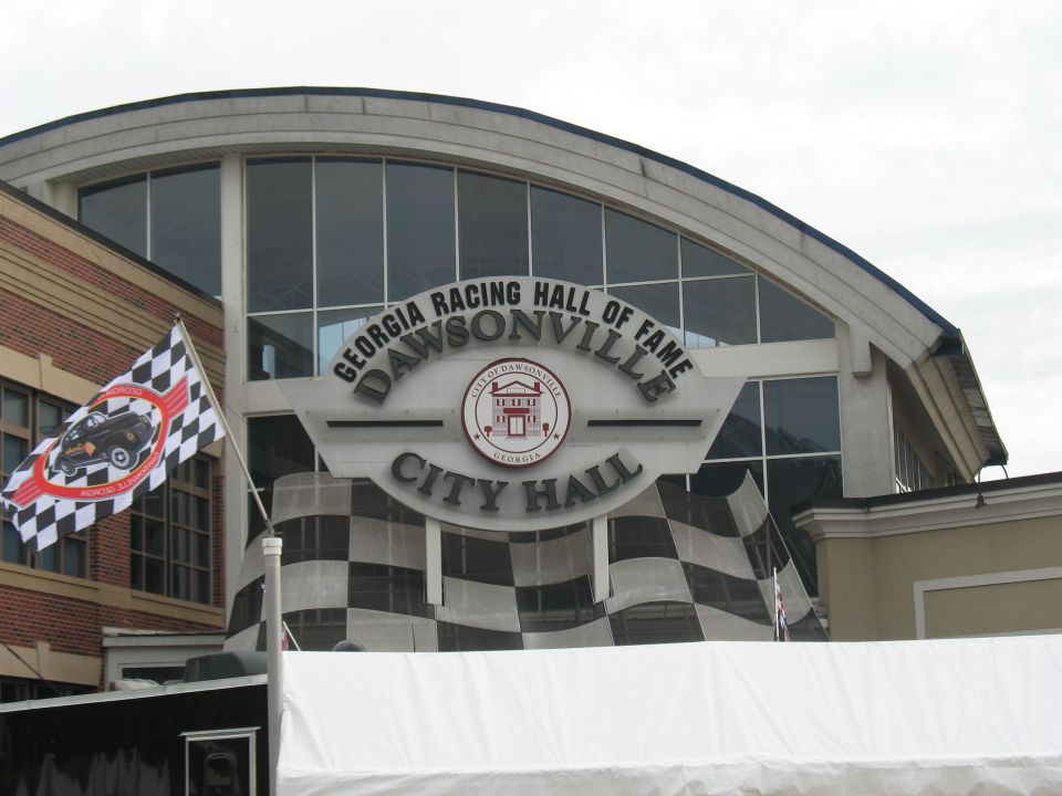 Georgia Racing Hall of Fame building in Dawsonville with checkered flags