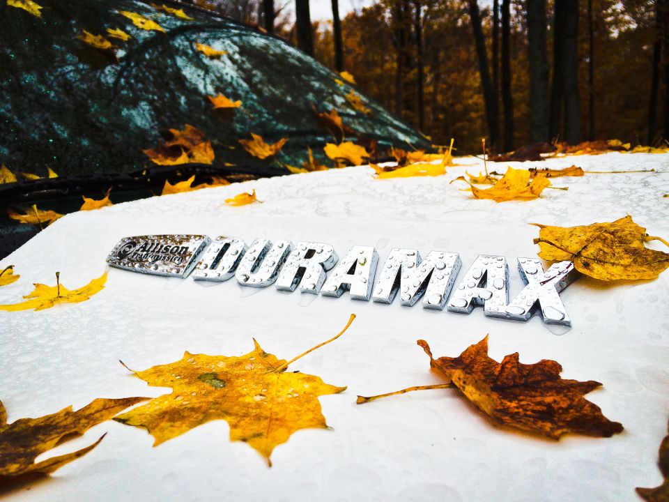 Duramax badge with Allison branding, surrounded by autumn leaves on a white surface