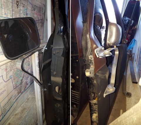 1988 Ford Bronco - Detail view of a vehicle's door frame and side mirror attachment points.