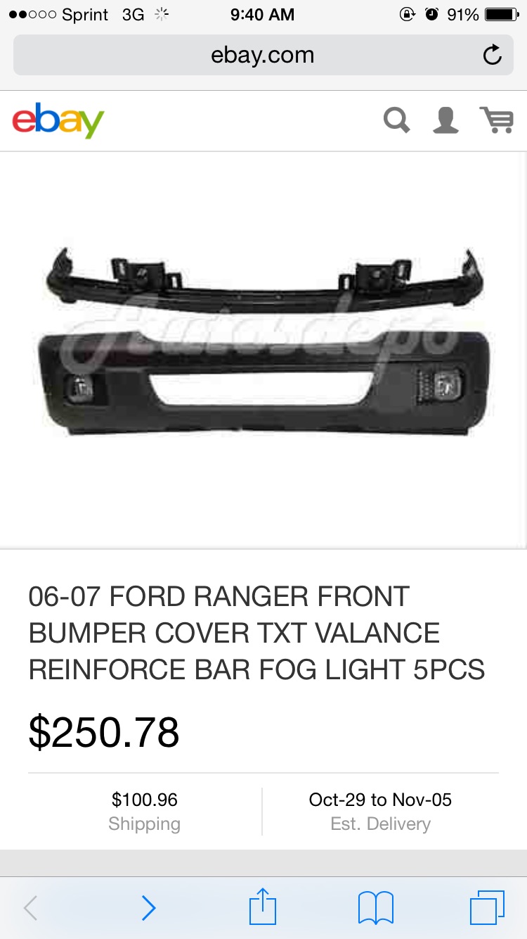 Black Ford Ranger front bumper cover with fog lights