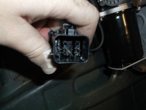 2005 Ford F-150 - gloved hand holds a black multi-pin electrical connector near a black motor in an engine bay.