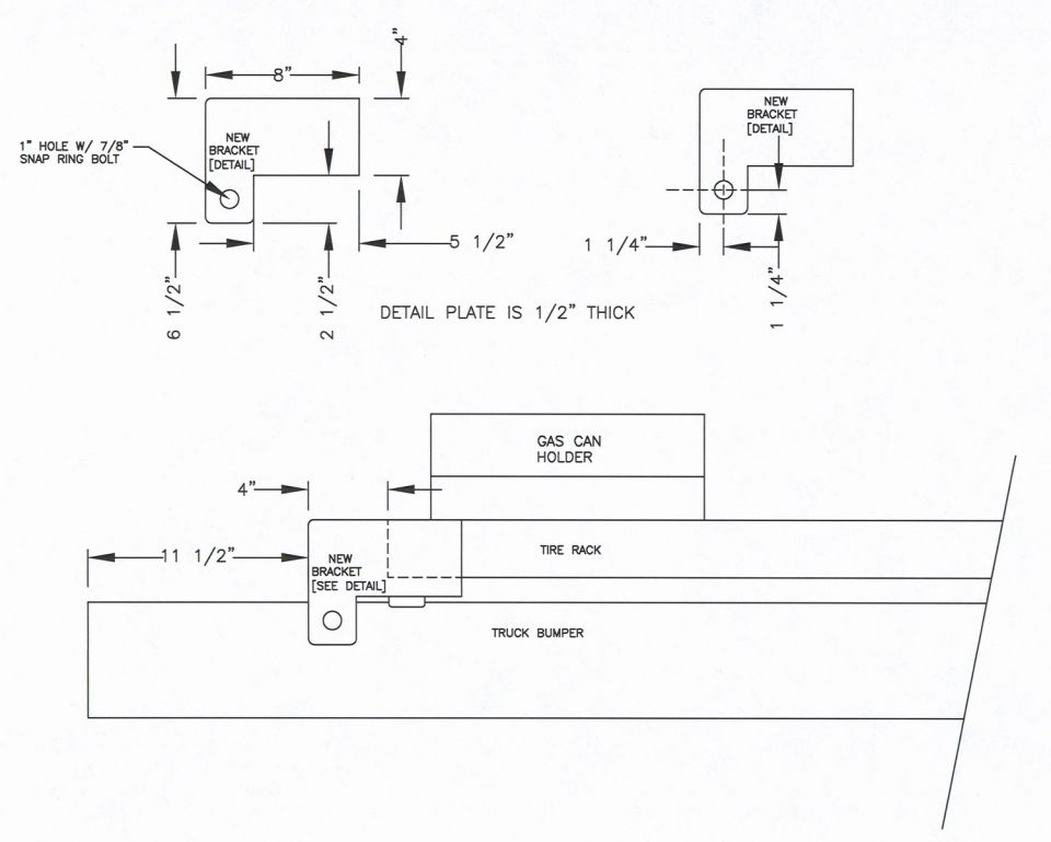 Dimensioned drawing of a 1/2" plate bracket mounting a gas can holder and tire rack to a truck bumper