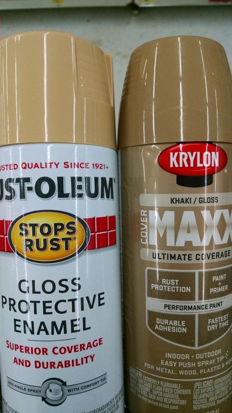 1994 Ford Bronco - Two tan spray paint cans: Rust-Oleum Stops Rust Gloss Enamel and Krylon Cover Maxx Khaki Gloss.