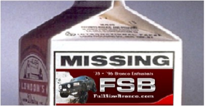 1990 Ford Bronco - A logo for Bronco enthusiasts is shown, the text 'MISSING FSB' and a graphic of a Bronco.