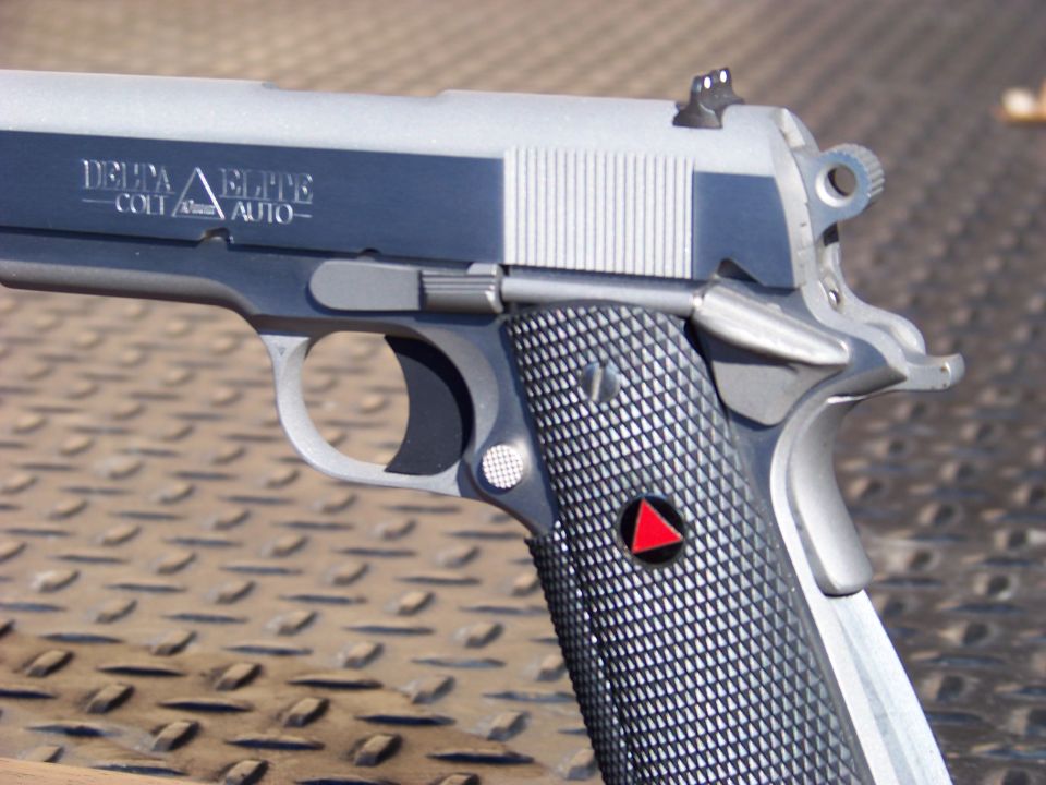 Close-up of a Colt Delta Elite semi-automatic pistol.