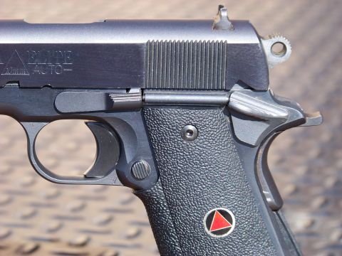 1995 Mercury Grand Marquis - A close-up, side view of a black semi-automatic handgun. The pistol has textured grips and visible markings including "ELITE" and "10mm AUT…