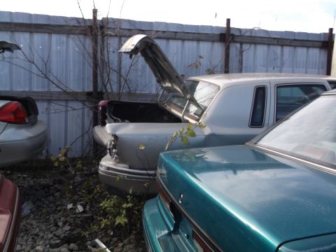 1999 Mercury Grand Marquis - Two older model sedans are parked in a junkyard setting, with their trunks open. The car in the foreground is teal, while the car behind it…