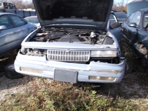 1999 Mercury Grand Marquis - white Mercury sedan with its hood raised and front bumper area damaged, parked among other cars in an overgrown salvage yard.