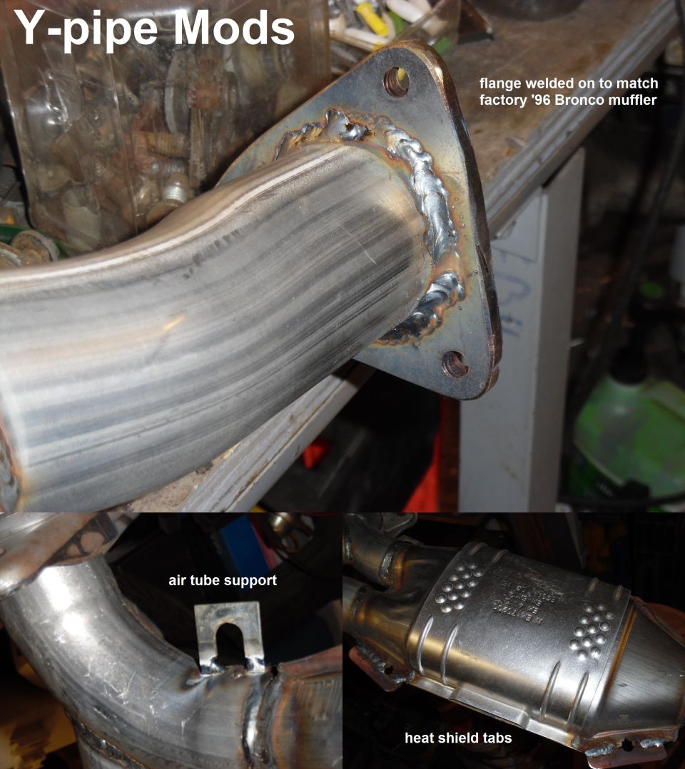 Annotated collage of a stainless exhaust Y-pipe with welded flange, air tube support and heat shield tabs
