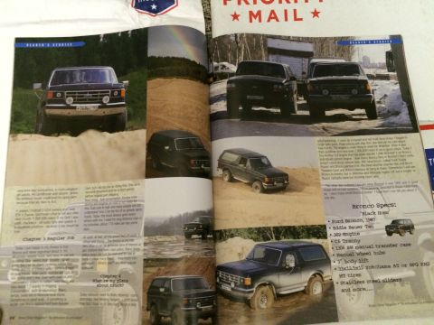 1987 Ford Bronco - A 1987 Ford Bronco is featured in a magazine spread with multiple photos and text.