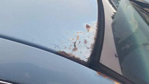 1991 Ford LTD Crown Victoria - Photograph of rust and paint damage near a windshield A-pillar, not a technical document.