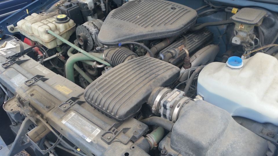 V8 engine with air intake plenum and coolant reservoir in engine bay
