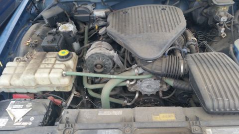 1991 Ford LTD Crown Victoria - Photograph of a V8 engine bay with reservoir and hoses, not a technical document.