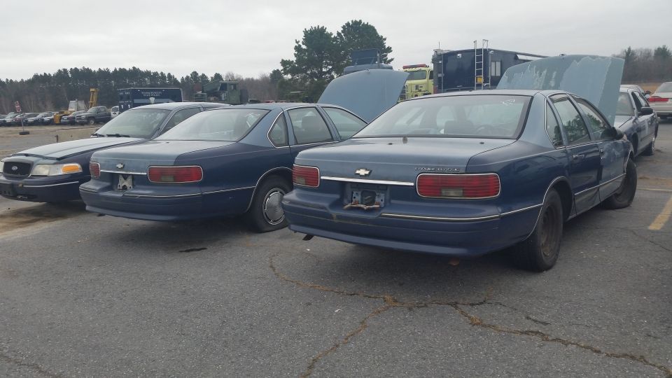 Photo of two blue Chevrolet Caprice sedans parked in a lot