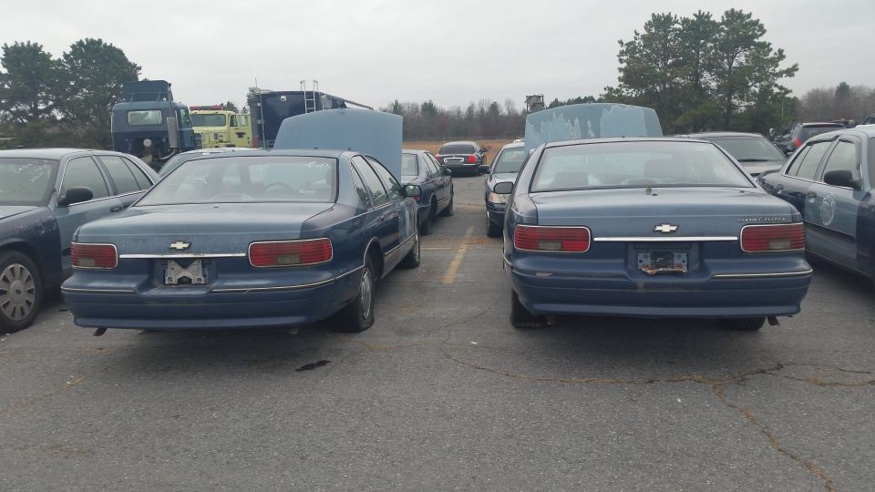 Rear view of two blue 1990s Chevrolet Caprice sedans parked in a lot