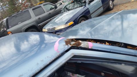 2001 Ford Crown Victoria - Photo of a project car roof in a lot with surface rust, not a document.